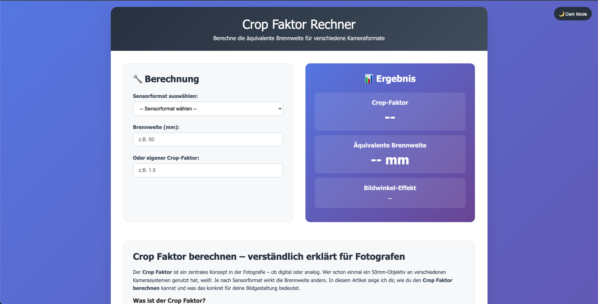Online Tool mit dem sich einfach der Crop Faktor jeder Objektiv / Kamera Kombi berechnen lässt. https://cropfaktorrechner.de/